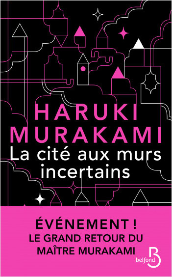 Couverture de La cité aux murs incertains de Haruki Murakami. La couverture est noire, des traits plus clairs dessinent une carte sommaire.