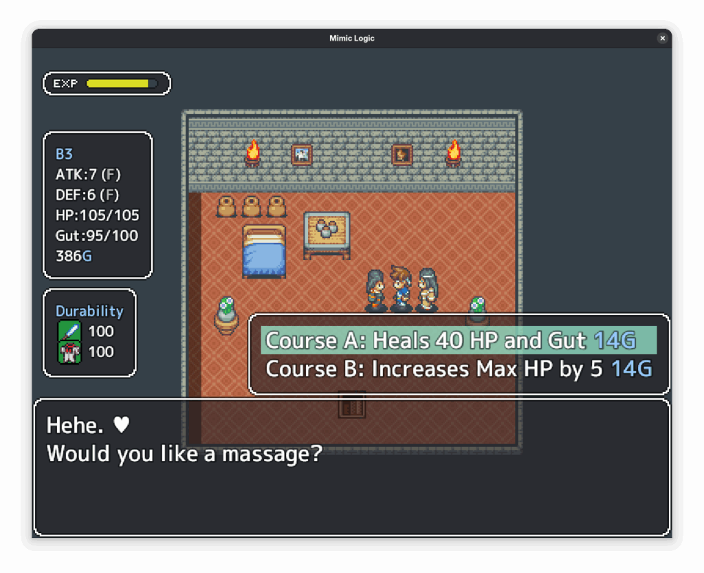 Capture d'un jeu où l'un des pnj propose un massage au joueur.