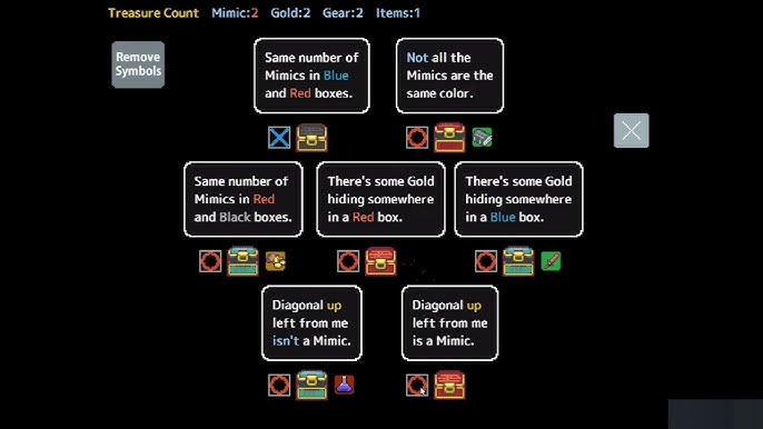 Capture d'un jeu représentant une série de coffres de différentes couleurs, surmontées chacun d'une affirmation du style "Il y a le même nombre de mimics bleus et rouges".