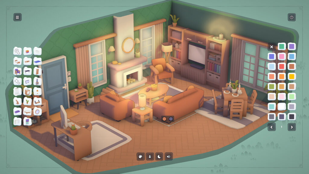 Capture d'un jeu représentant un salon meublé vu en isométrique. Différents menus pour les meubles et les couleurs apparaissent sur les côtés.