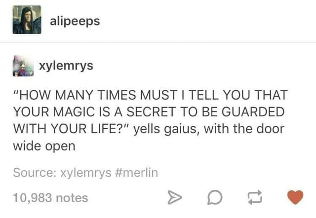 Capture d'écran d'un tweet : " "HOW MANY TIMES MUST I TELL YOU THAT YOUR MAGIC IS A SECRET TO BE GUARDED WITH YOUR LIFE?" yells Gaius, with the door wide open.