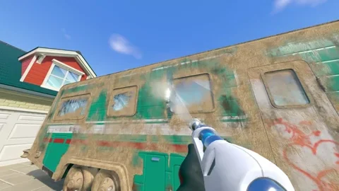 Gif du jeu PowerWash Simulator, où la fenêtre d'une caravane est nettoyée au jet haute pression jusquà être totalement propre, ce qui provoque un bref flash bleu très satisfaisant.