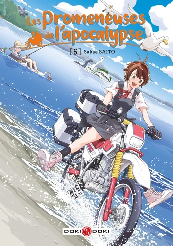 Couverture du tome 6 des Promeneuses de l'apocalypse. Un personnage à moto roule sur un rivage, tandis qu'un autre se prélasse en pêchant à l'arrière plan