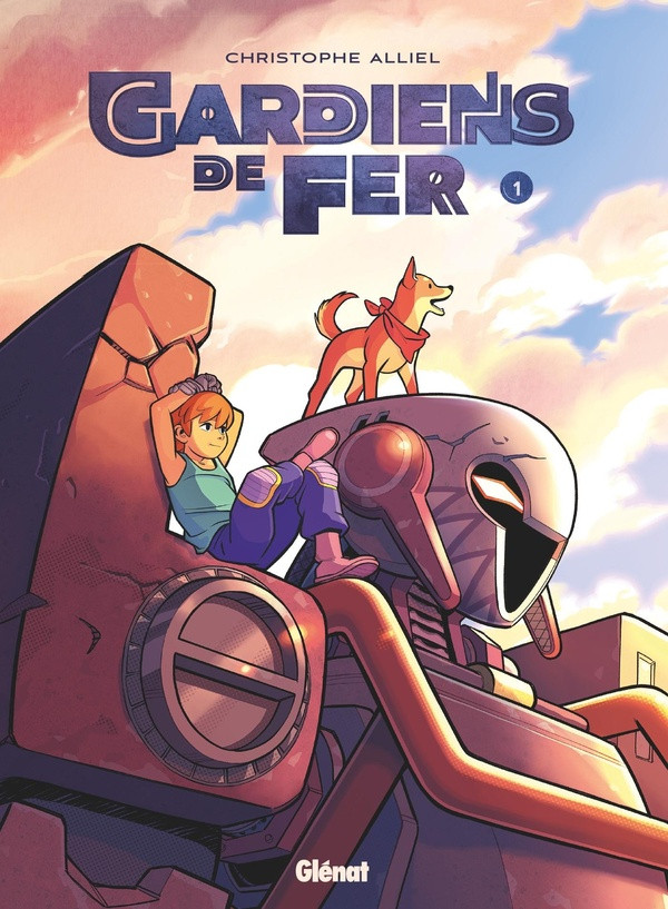 Couverture de l'album "gardiens de fer", représentant un ado et son chien, perchés sur un mécha.